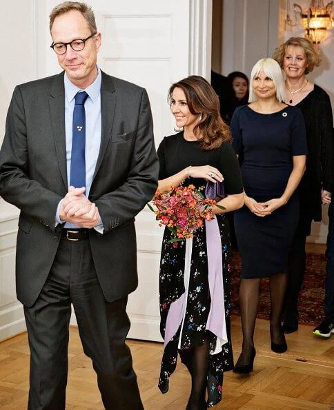 Princess Marie wore a new floral-print two tone patch midi dress by Maje. Naledi clutch. Selina Juul and Fredrik Jörgensen