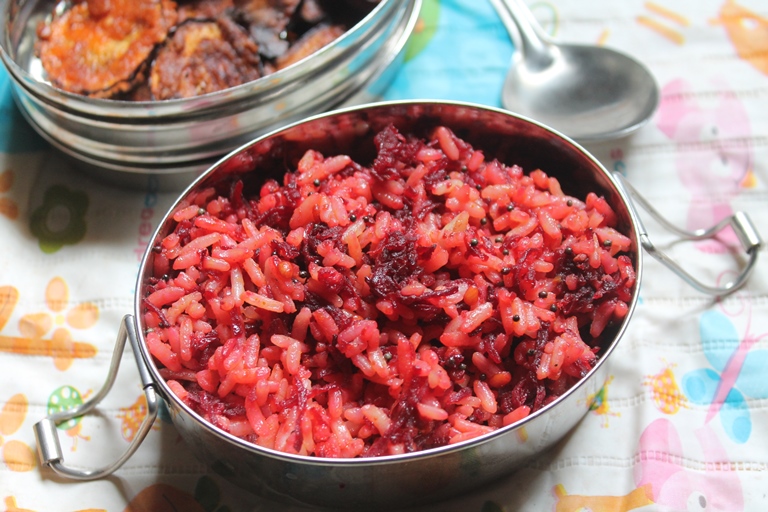 Beetroot Rice Recipe Beet Rice with Brinjal Fry Kids Lunch Box