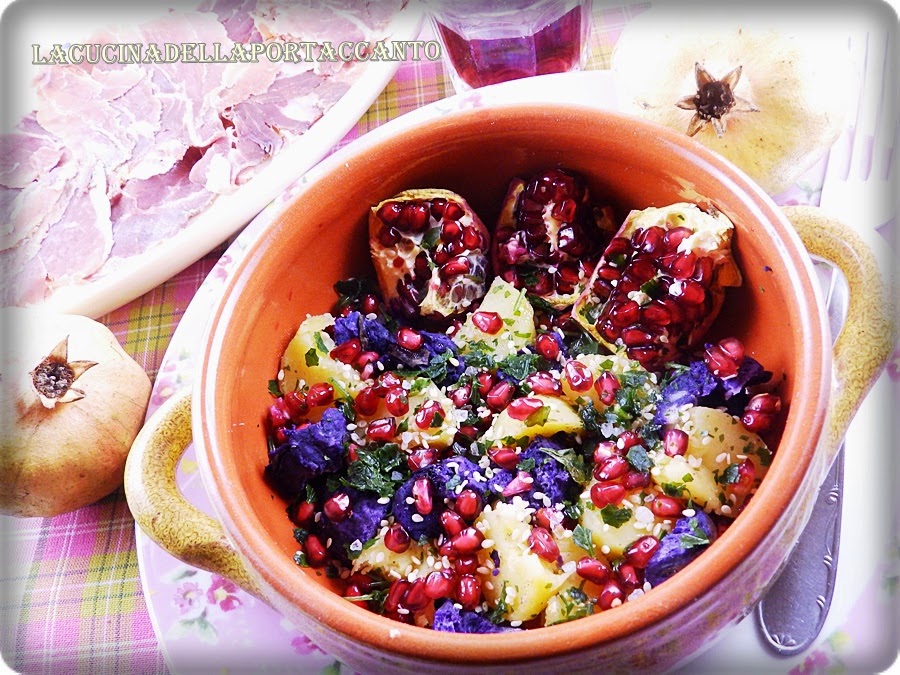 prosciutto di cinta senese con insalata di patate viola e melograno / cinta senese ham with purple potato salad and pomegranate  