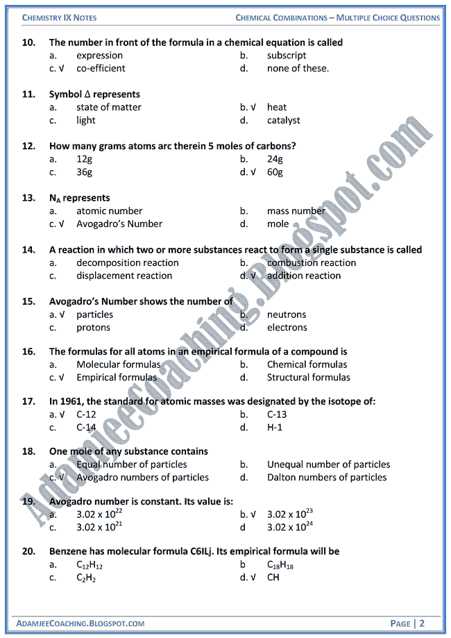 Adamjee Coaching Chemical Combinations MCQs Chemistry IX