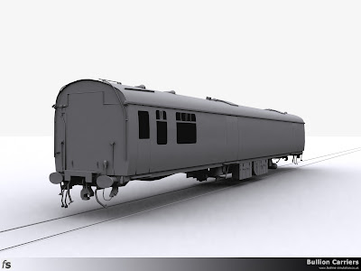 Fastline Simulation - Bullion Carriers: An in development render of the NWX Bullion Van for Train Simulator 2013. The right hand side viewed from the saloon end showing the completed underframe equipment.