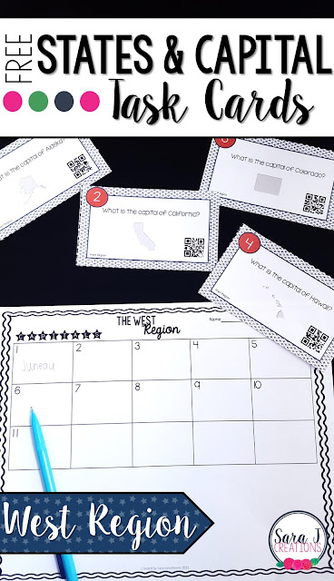 Learning the states and capitals can be hard work, but these printable task cards make it more fun and interactive.  Each card comes with a QR code that students can scan to check their answer.  Free sample includes the states in the west region.
