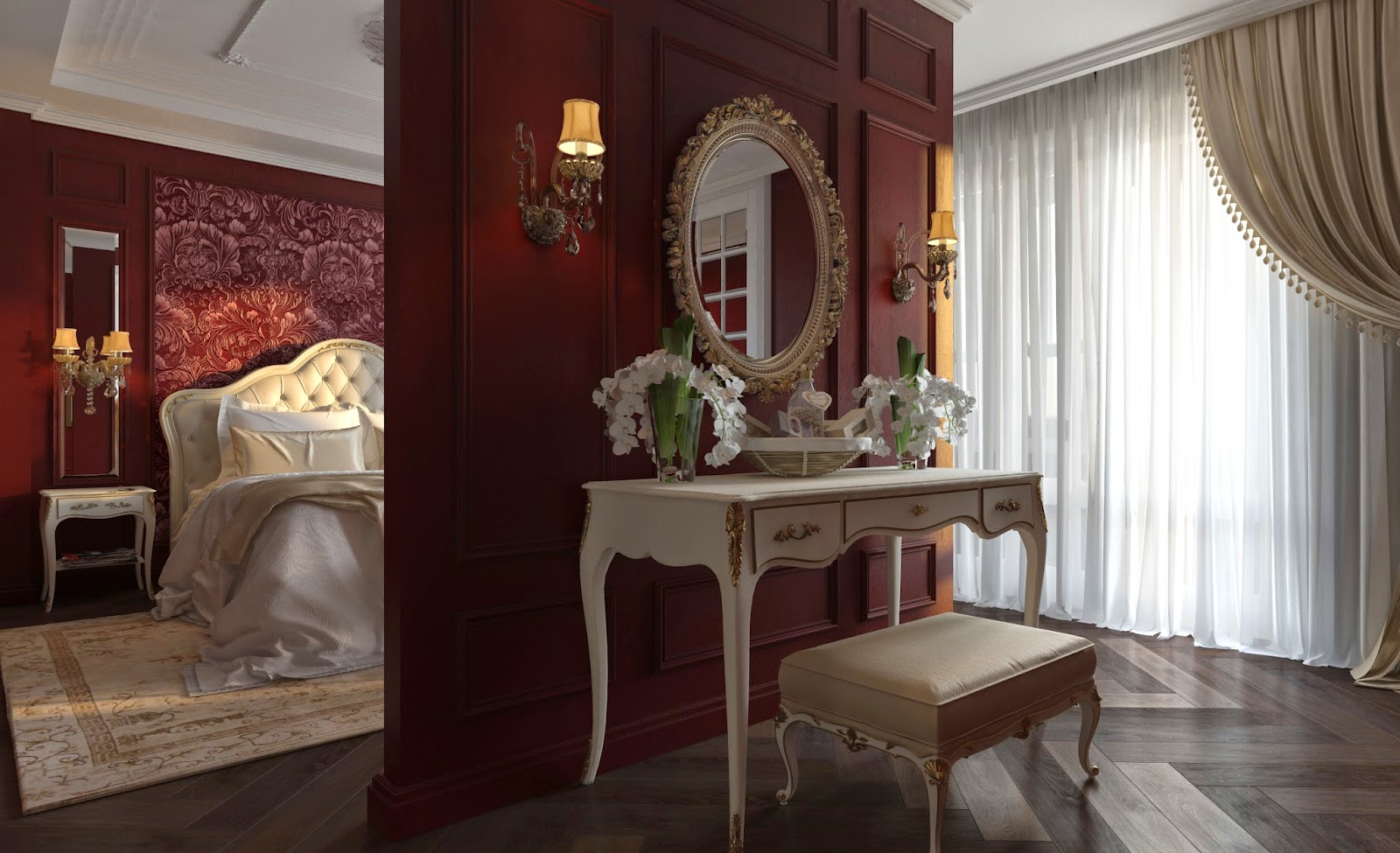 3d design: Bedroom in color of dark cherry