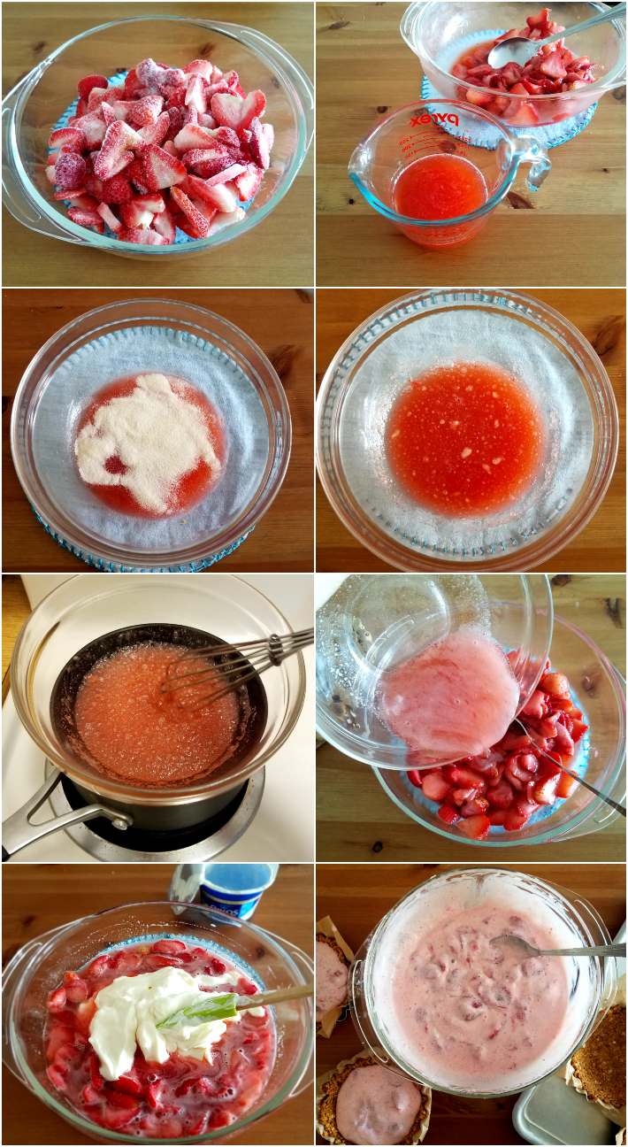 Preparación del relleno de fresas con gelatina y yogurt