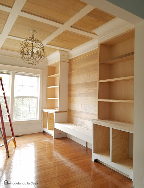 DIY Coffered ceiling and built-ins in dining room