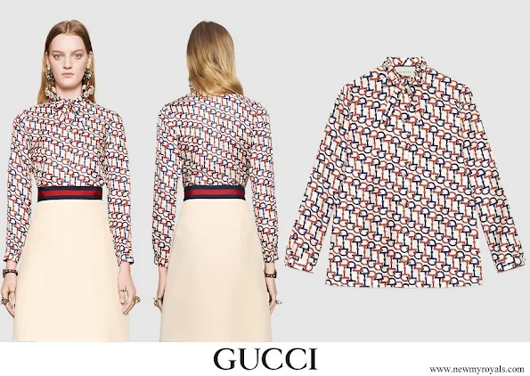 Queen Maxima wore Gucci Horsebit Print Silk Twill Shirt
