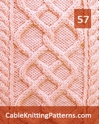 Cable Panel 57. Knit with 48 stitches and 28-row repeat. Techniques used: K1 and P1 Through the back loop, 2/2 right cross, 2/2 left cross, 2/2 right purl cross, 2/2 left purl cross.