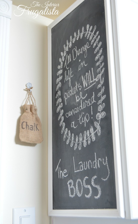 Basement Laundry Room Makeover Two - adding a DIY Chalkboard to the end of the upper cabinet.