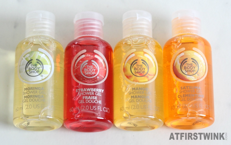 The Body Shop mini shower gels moringa strawberry mango and satsuma