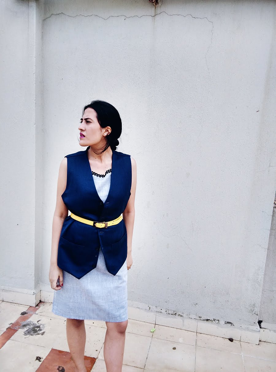 FALL LAYERING // HOW TO ADD POP OF COLOR TO YOUR WORKWEAR | STYLE AND ILLUSTRATION BLOG BY DHEERA JOSHI grey dress,pinstripe Vintage vest,Indian fashion blogger
