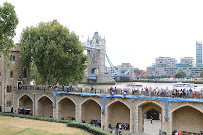 A wall walk at the Tower of London with Tower Bridge in the background