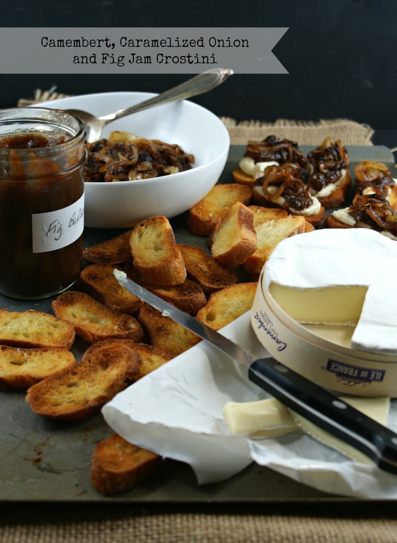 Authentic Suburban Gourmet Camembert, Caramelized Onions and Fig Jam Crostini Secret Recipe Club