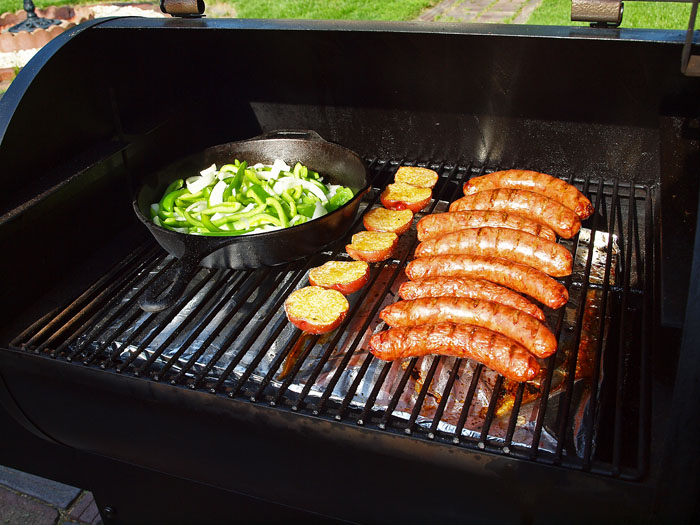 Pellet Smoker Cooking Brats & red potatoes