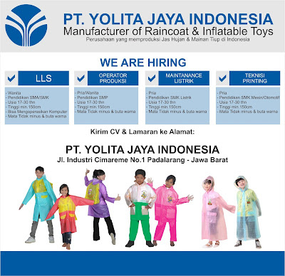 Lowongan PT Yolita Jaya Indonesia Tahun 2017 posisi operator produksi, teknisi printing, maintanance listrik dan lain - lain. 