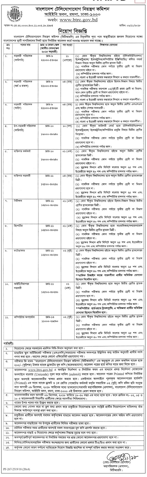 Bangladesh Telecommunication Regulatory Commission (BTRC) Job Circular 2018