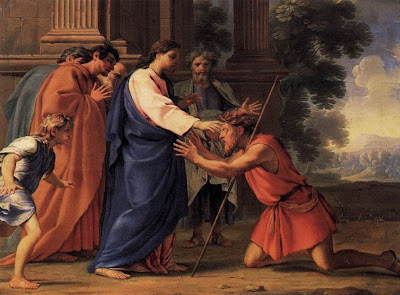"Cristo Curando o Homem Cego" - óleo sobre madeira de Eustache Le Sueur (1616–1655) . Imagem de domínio público.