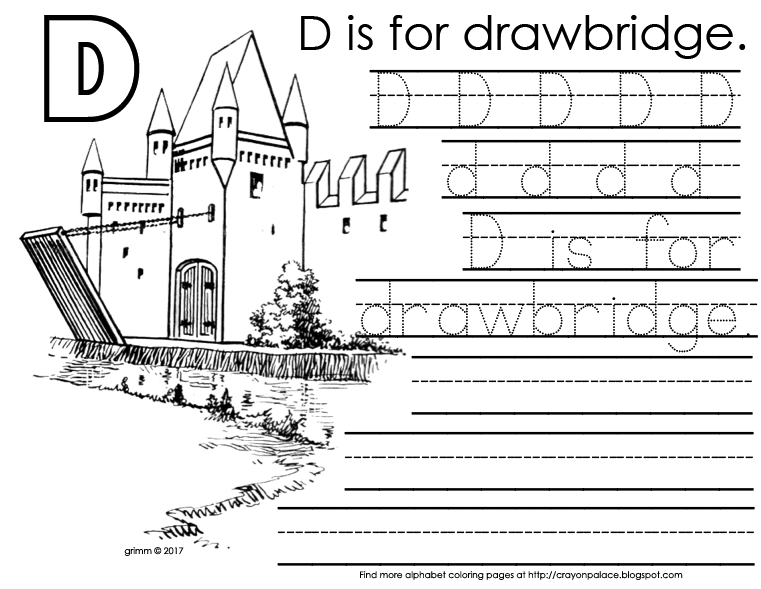"D is for drawbridge" alphabet coloring page Crayon Palace