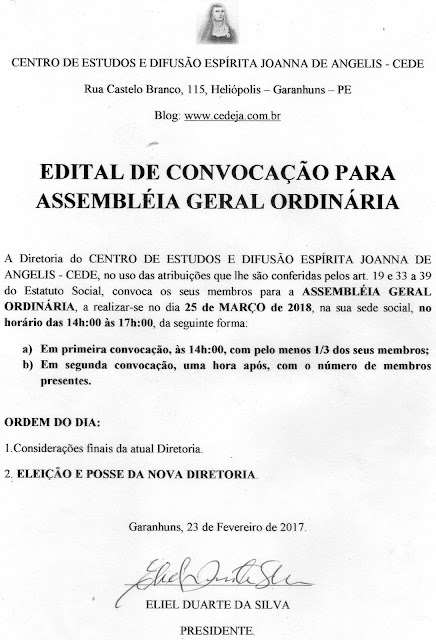 EDITAL DE CONVOCAÇÃO PARA ASSEMBLÉIA GERAL ORDINÁRIA