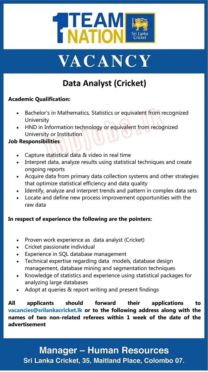 Vacancy In Sri Lanka Cricket Post Of Data Analyst Cricket Jobs Find