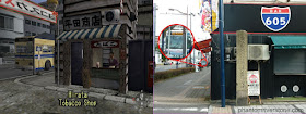 While the bus stop is at the corner in the game (left), it is a short walk down the road in real life (right).