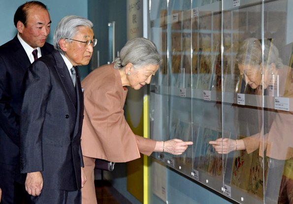 Emperor Akihito and Empress Michiko visited "90th Year of Kinderbook" exhibition held at Tokyo's Printing Museum