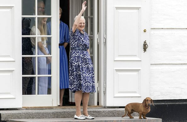 Queen Margrethe II attended ceremony of guards changing held at Grasten Palace. Crown Princess Mary
