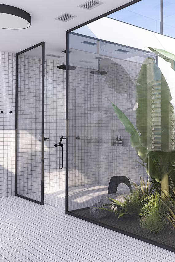 Tropical jungle atrium and double shower | Urban contemporary bathroom. Design by Eleni Psyllaki @myparadissi 