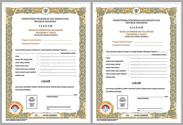 Format Ijazah dan SHUN SMK Tahun 20152016 dari Balitbang