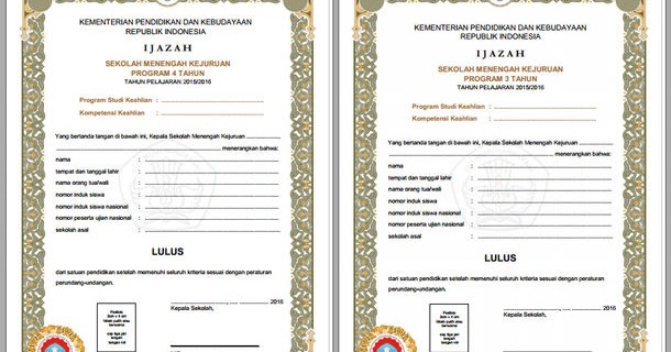 Format Ijazah dan SHUN SMK Tahun 20152016 dari Balitbang