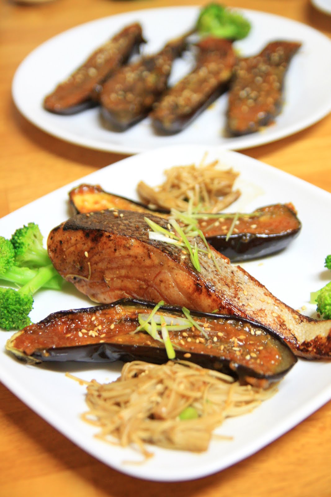 One Wok, One Pot, One Pan Miso Grilled Eggplant with Panfried Salmon
