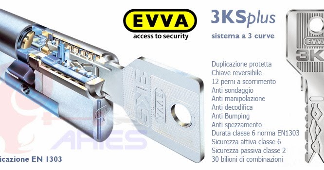 3 chiavi NON DUPLICABILI anti perforazione o sonda EVVA Cilindro di sicurezza