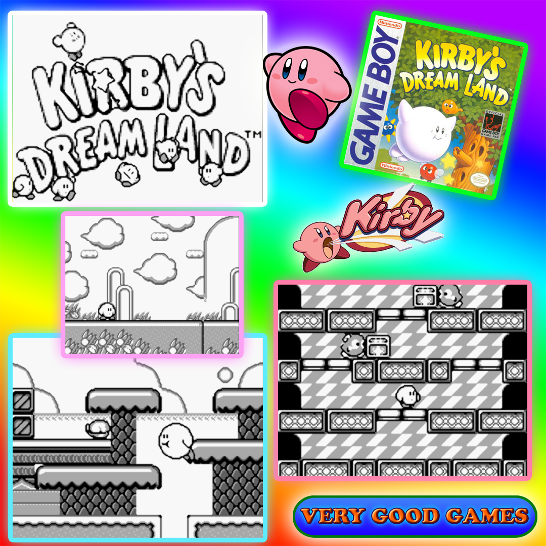 A banner for the review and the full playthrough of the Kirby’s Dream Land game - for the section Legends of the game world on the gaming blog Very Good Games
