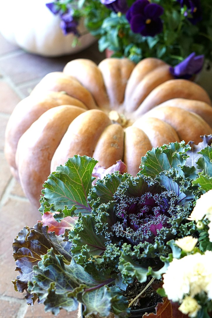 Fall front porch ideas Heirloom pumpkins, kale, and pansies make a beautiful and colorful fall front porch.