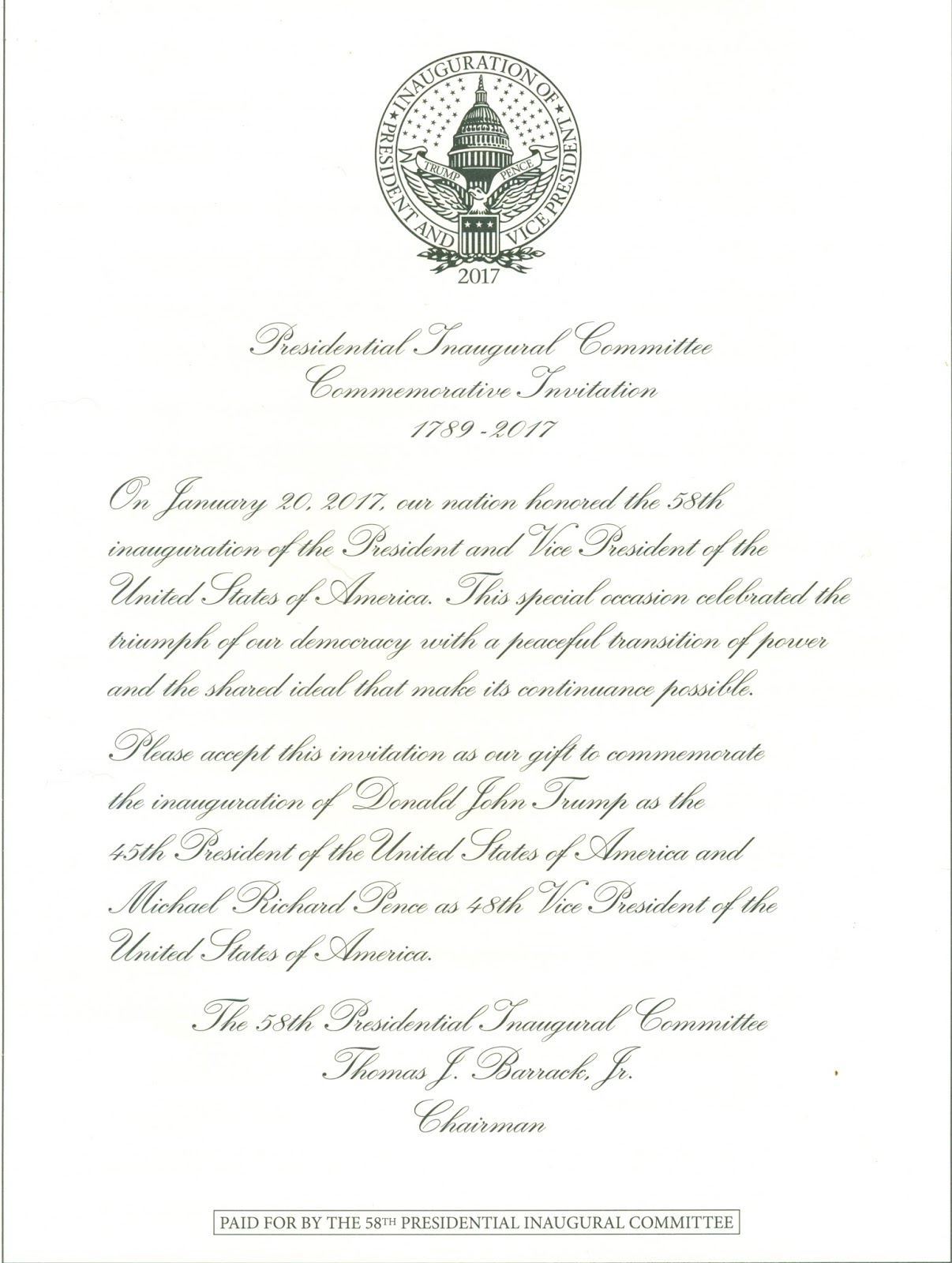 Armand's Rancho Del Cielo: Donald Trump Inauguration Invitation