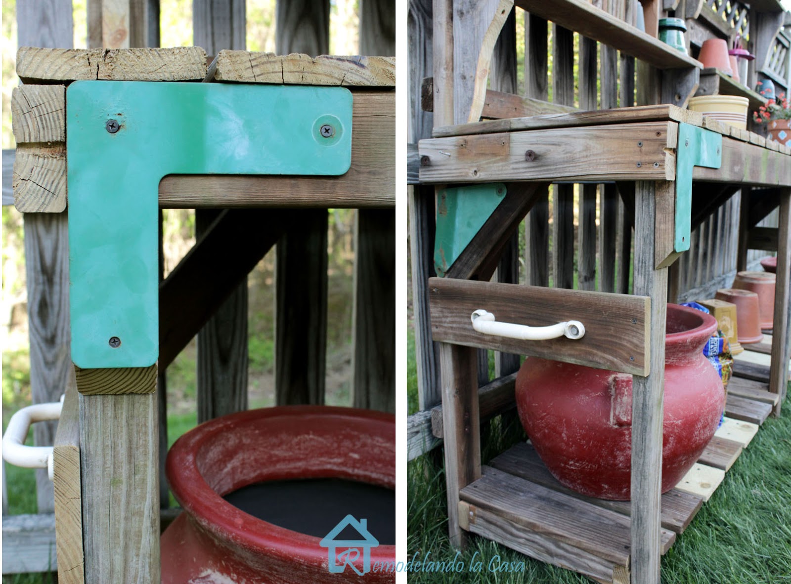 metal parts of a playset used as decor on potting bench