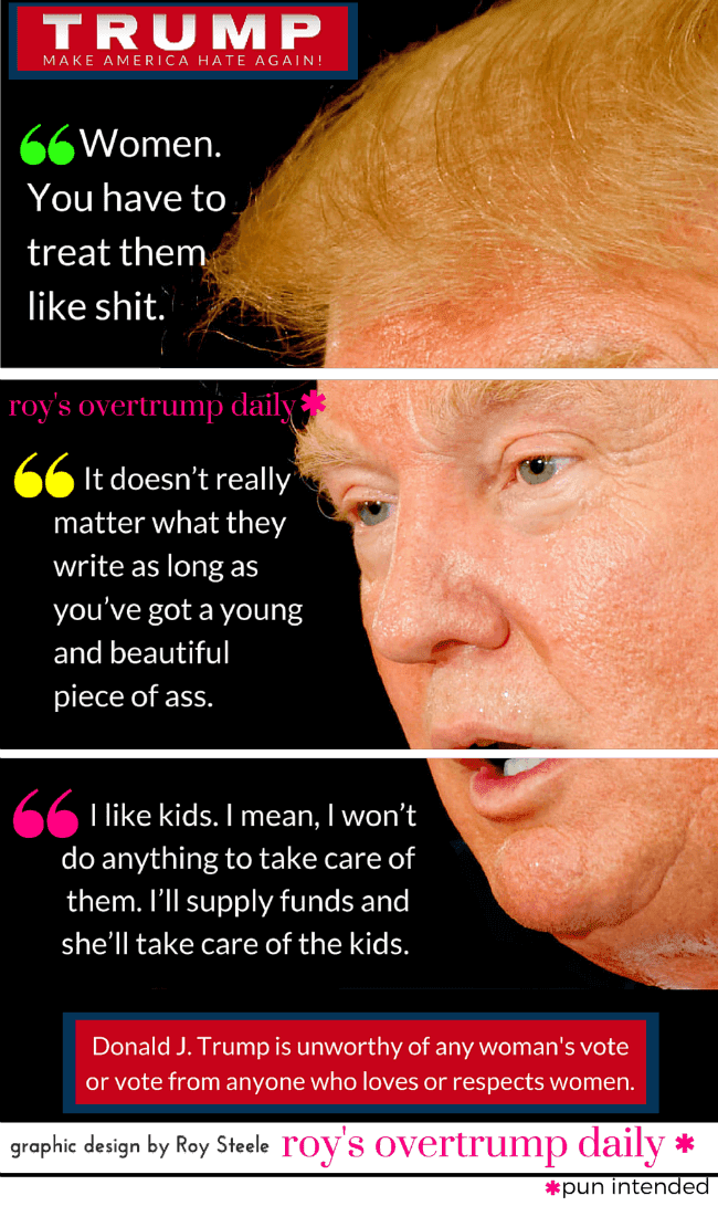 A photograph of presidential candidate Donald J. Trump that has been divided into three photos (forehead, nose, mouth/chin) with a Trump quote on each photo. 