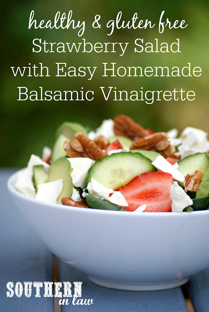 Healthy Strawberry Salad with Easy Homemade Balsamic Vinaigrette Recipe - low fat, gluten free, grain free, egg free, clean eating recipe, low calorie