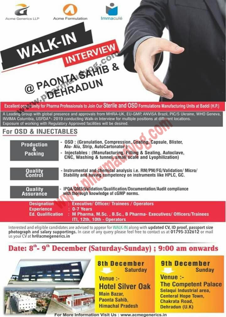 Acme Generics WalkIn for Multiple Positions 8th&9th December 2018