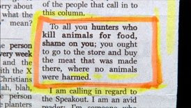 classified ad saying don't harm animals and kill your food buy it at the store