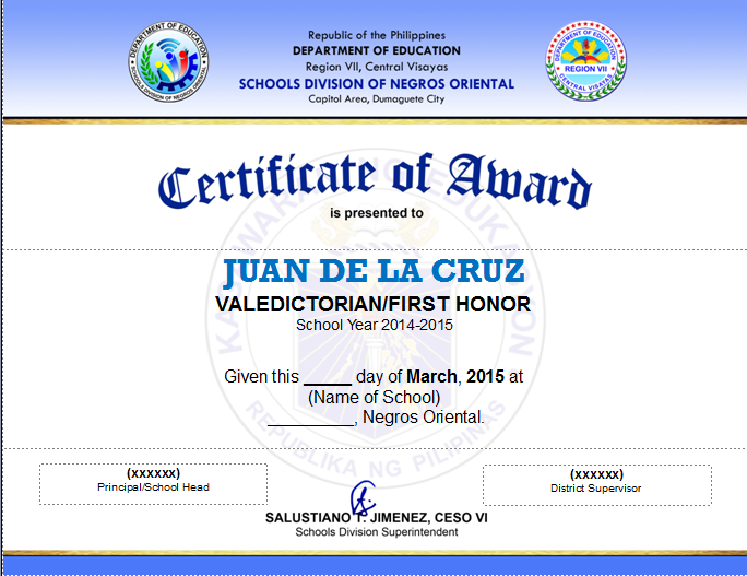valedictorian certificate wording