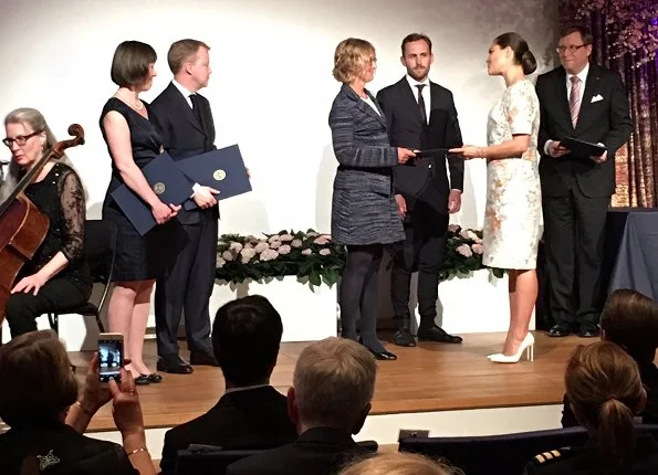 Crafoord Prize award ceremony. Princess Victoria wore H&M Floral Print dress, Gianvito Rossi Leather shoes and carried Anya Hindmarch Gold Metallic Clutch