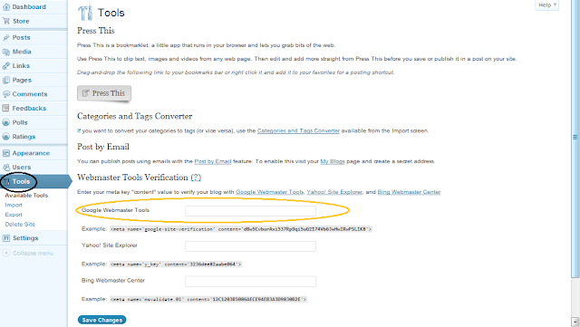 Cara Daftar Blog di Google Webmaster Tools - Menaruh Meta Tag Verifikasi di Blog WordPress.com