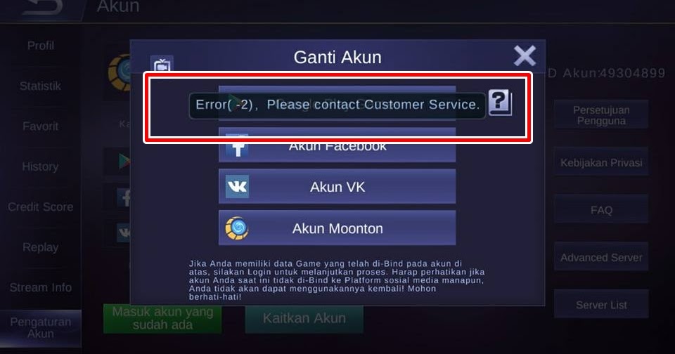 How to overcome Mobile Legends Error -2 please contact customer