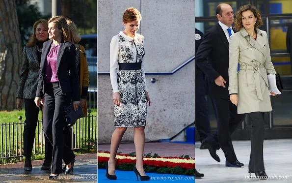 The outfits worn by Queen Letizia of Spain. Queen Letizia owns this style in many different colours and fabrics. Queen Letizia of Spain new style icon. Beethoven Earrings, Letizia S Closet, Royal Jewelry, Royal Style, Spanish Royals, Queen Letizia of Spain wearing dangly Earrings, Bracelets. diamond, necklaces. 