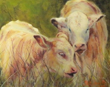 "Cream and Sugar" , two young calves in oils on canvas