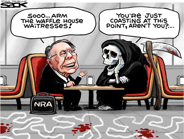Wayne LaPierre and Death are sitting in a booth in a diner.  LaPierre says, 
