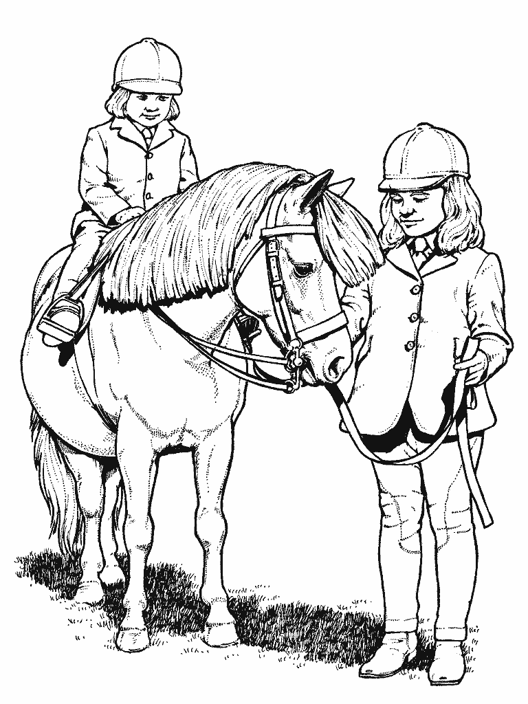 Tranh tô màu em bé tập cưỡi ngựa