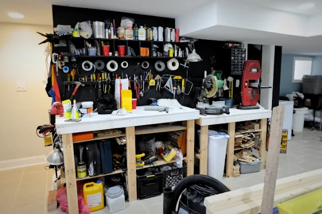 workbench area in basement before