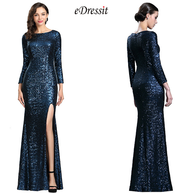  Sparkly Long Sleeves Sequin Night Dress Ball Gown 