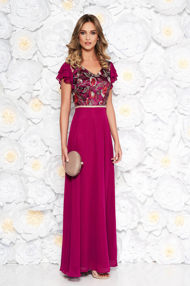 Rochie mov de ocazie lunga in clos din voal cu bust buretat cu insertii de broderie Rochie mov de ocazie lunga in clos din voal cu bust buretat cu insertii de broderie